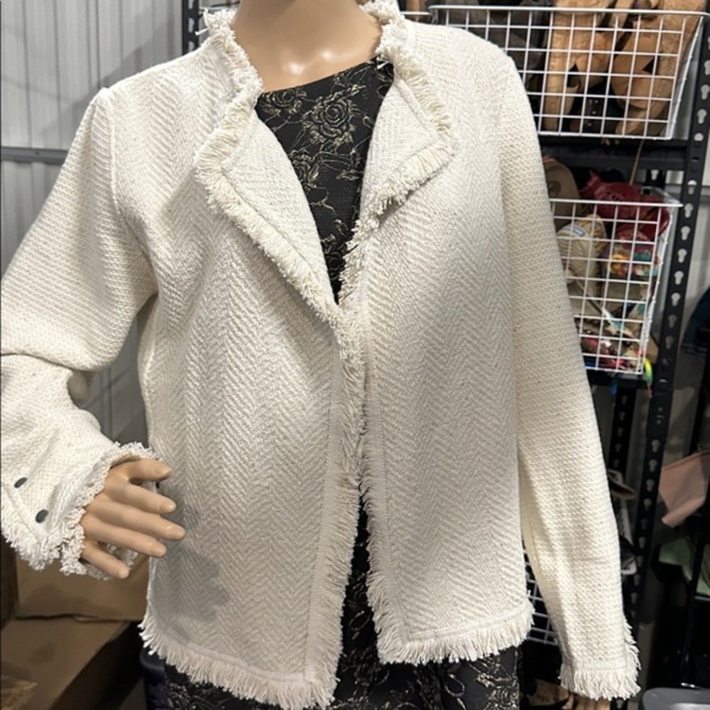 NWT NIC+ZOE Cream Fringe with small flecks of metallic gold stitching Cardigan